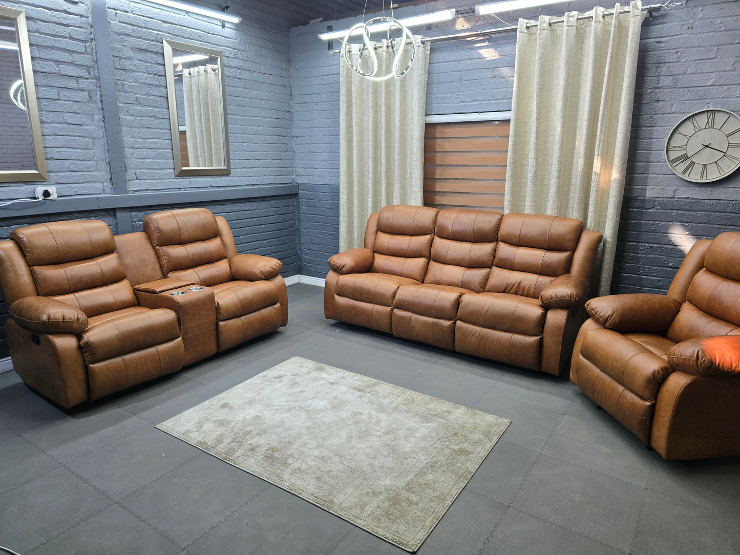 Piccadilly Brandy 100% Full Genuine Leather 6 Seater 5 Action Recliner Set