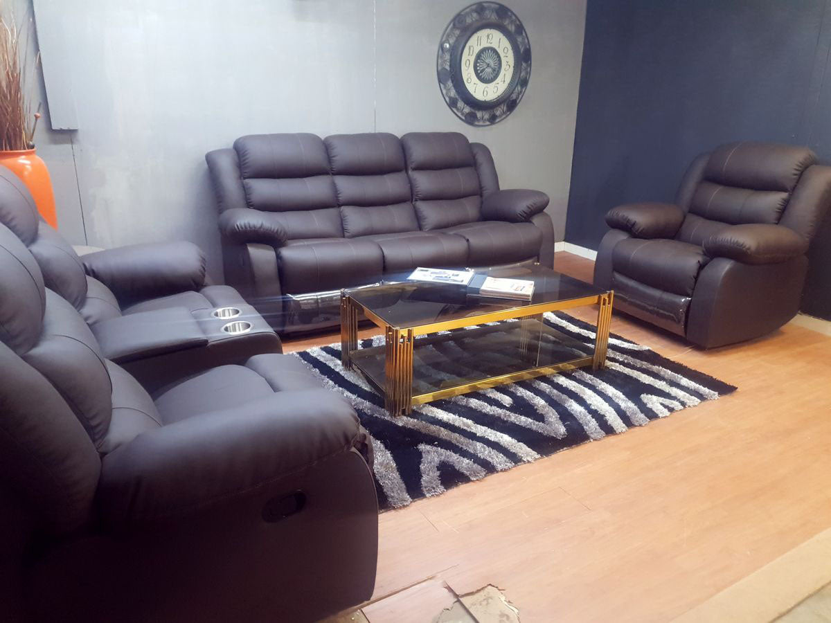 Dark Brown Full Euro Leather Seater Recliner Sofa Couch Set