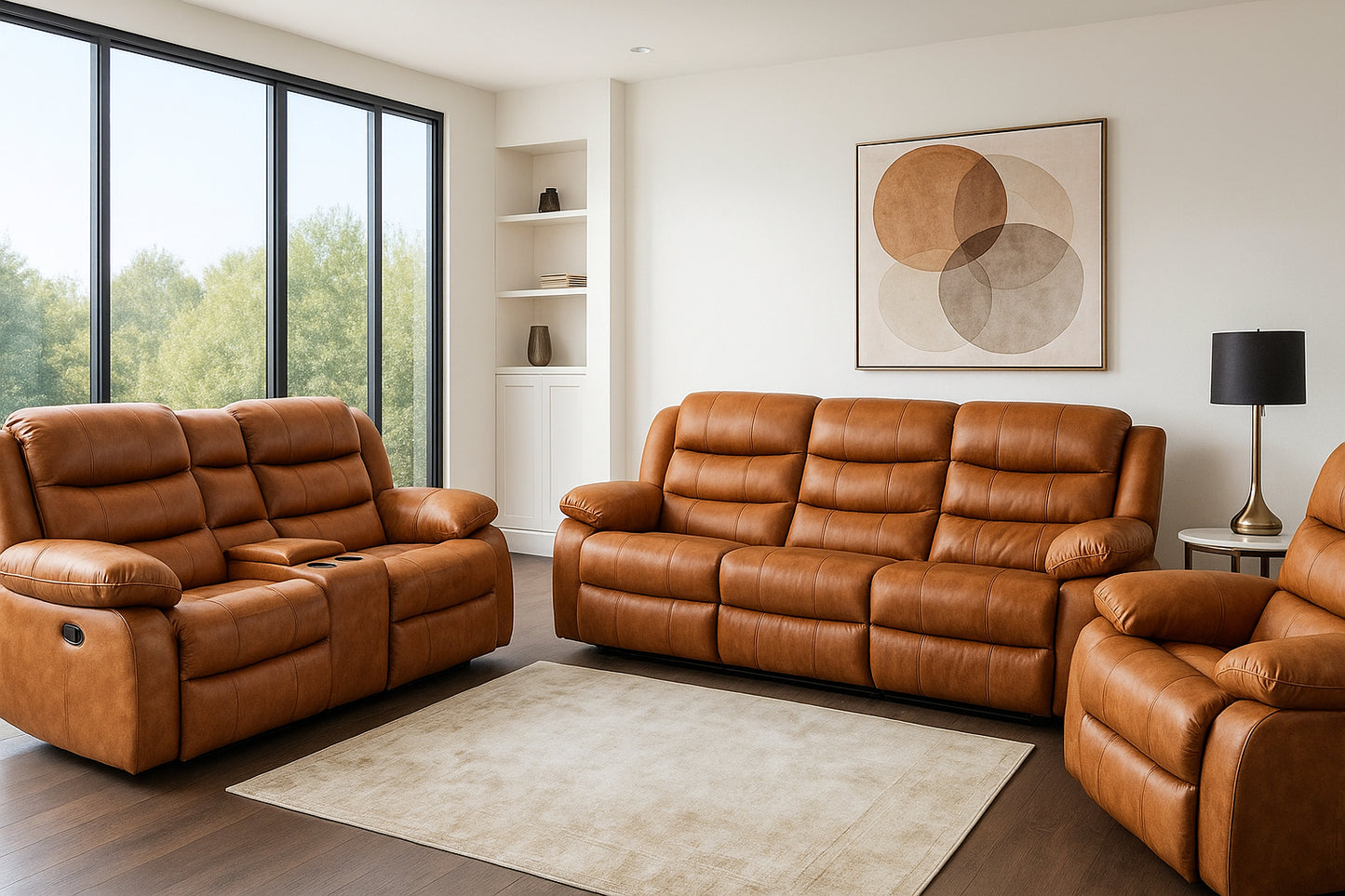 Piccadilly Brandy 100% Full Genuine Leather 6 Seater 5 Action Recliner Set