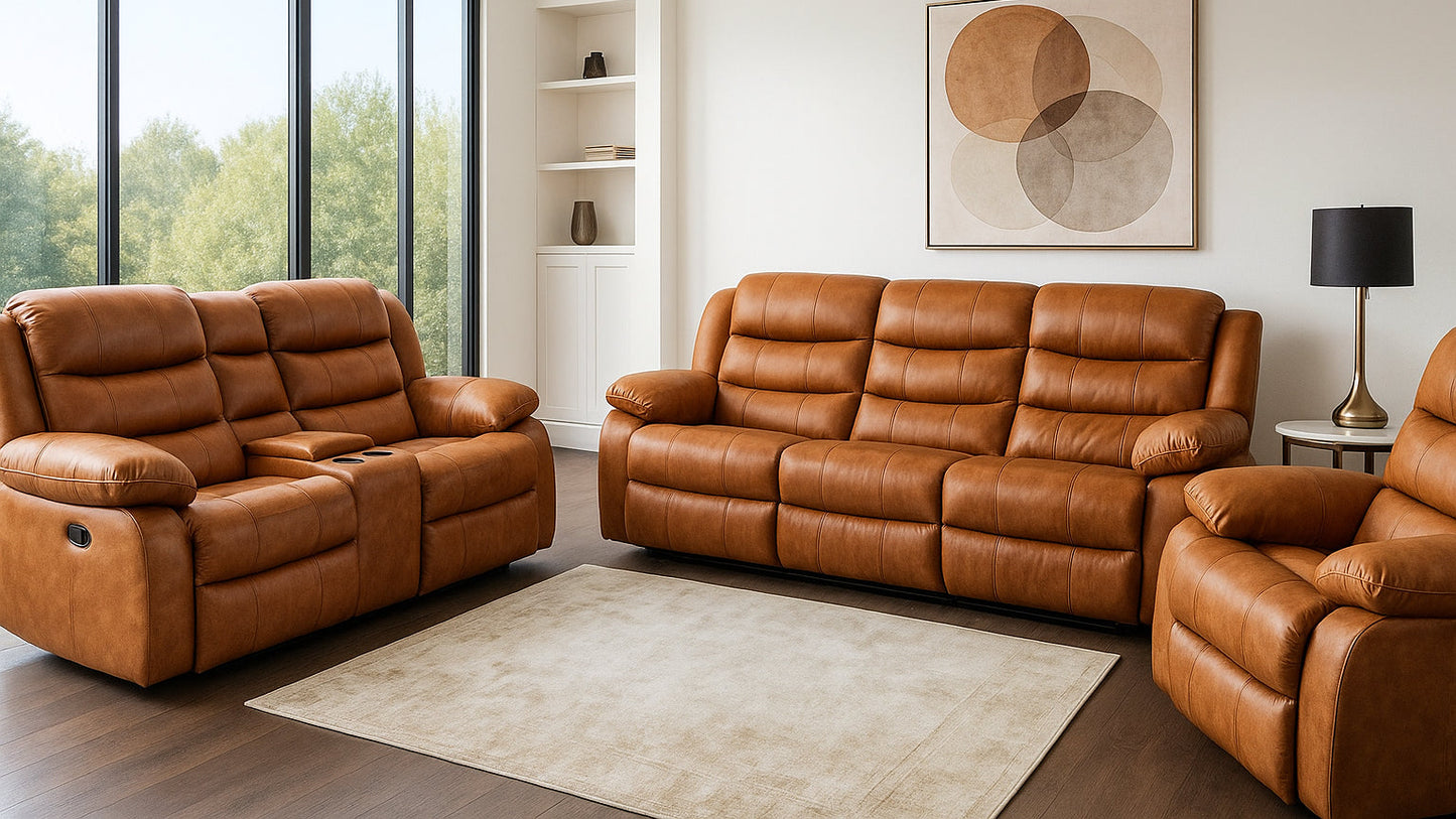 Piccadilly Brandy 100% Full Genuine Leather 6 Seater 5 Action Recliner Set
