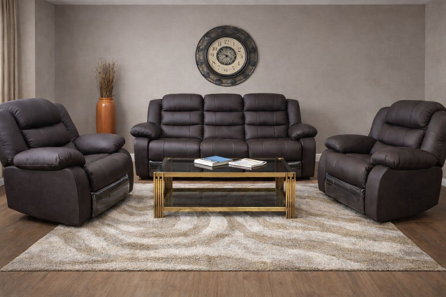 Dark Brown Full Euro Leather 3 Seater Recliner Sofa Couch