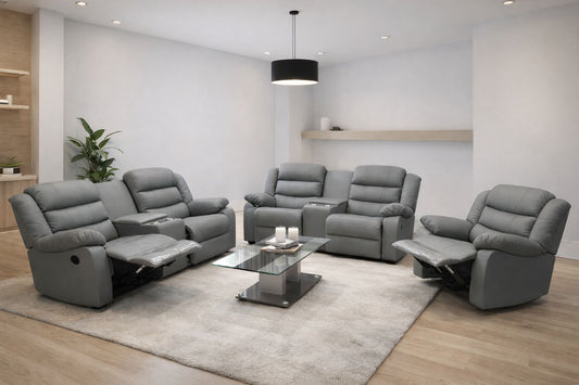 Light Grey Full Euro Leather Recliner Lounge Set.